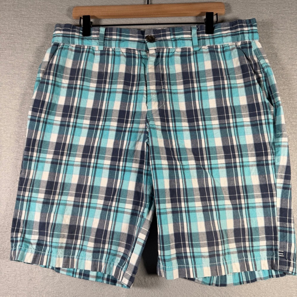 Canterbury of New Zealand Mens Plaid Linen Cotton Shorts Turquoise Navy Size 35